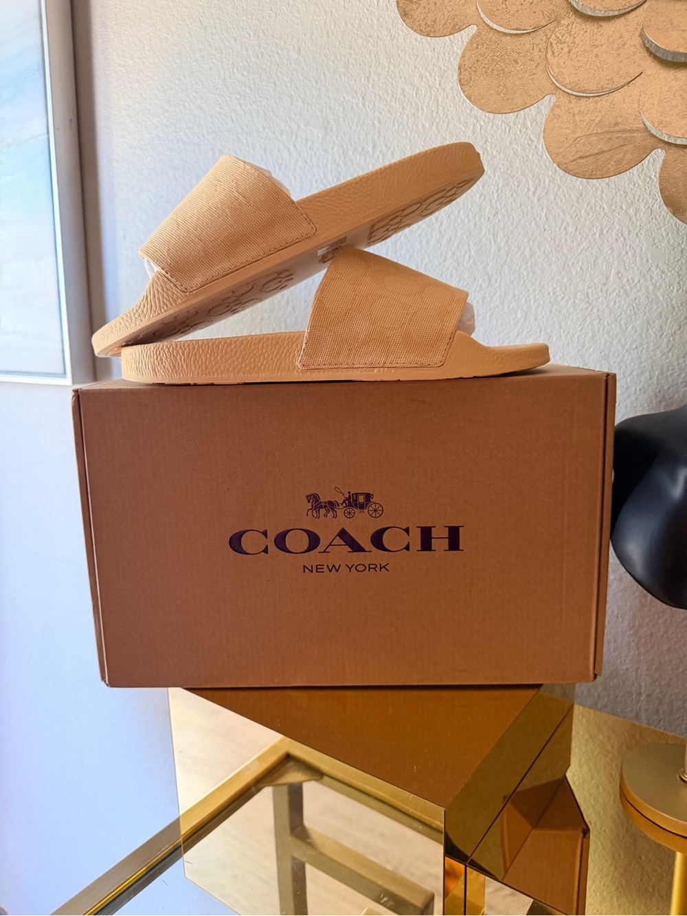 ☀️ NWT Coach Tan Logo Slide Sandals Women’s Slip-On Signature Embossed Slides - Picture 4 of 10